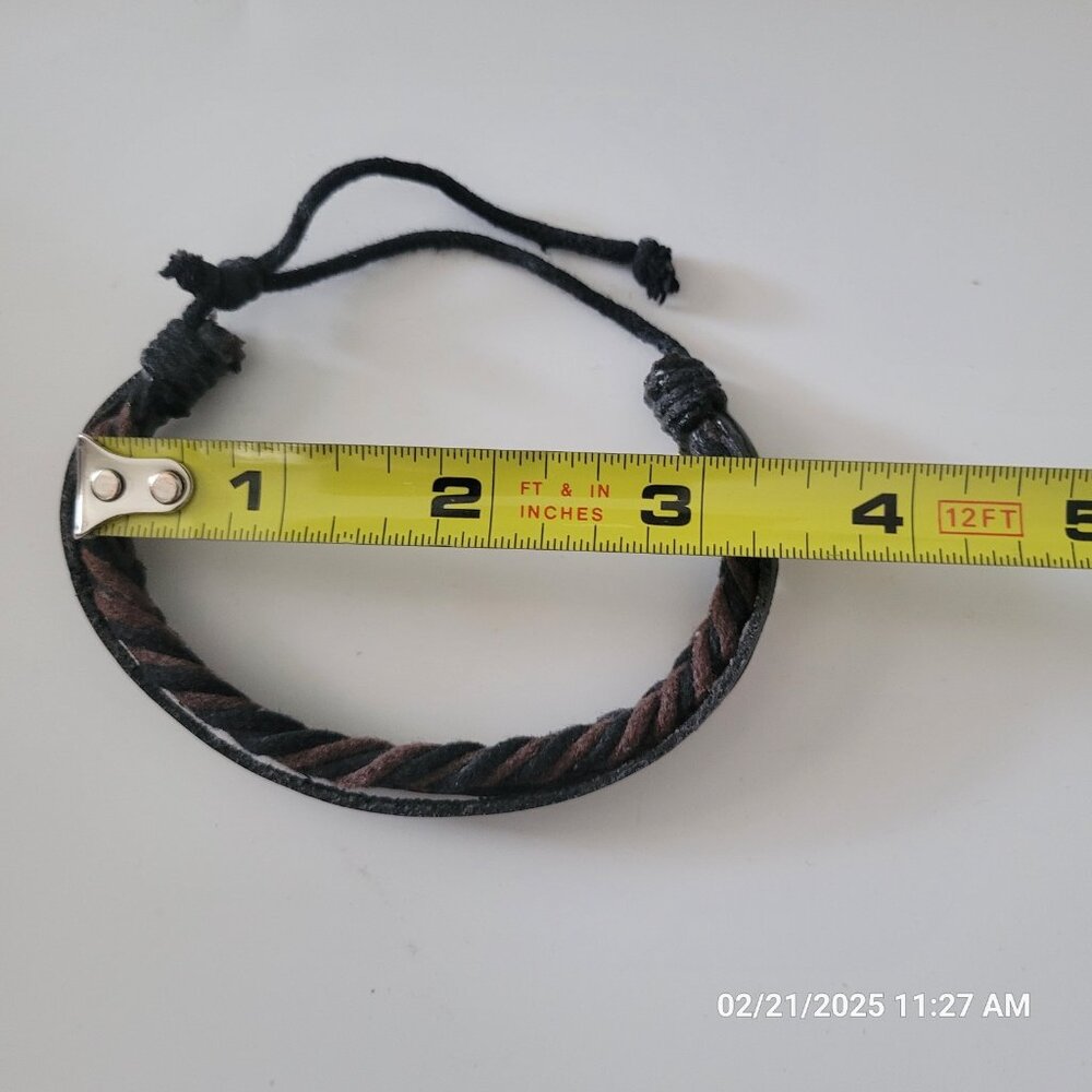 Braided Western Bracelet Chocolate Brown Black Leather Adjustable Slide - Picture 3 of 4